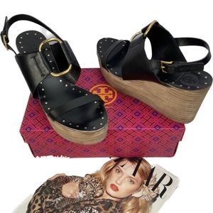 SOLD🎈🎈 Tory Burch Ravello Black Leather Platform Wedges Sz 9.5 M1